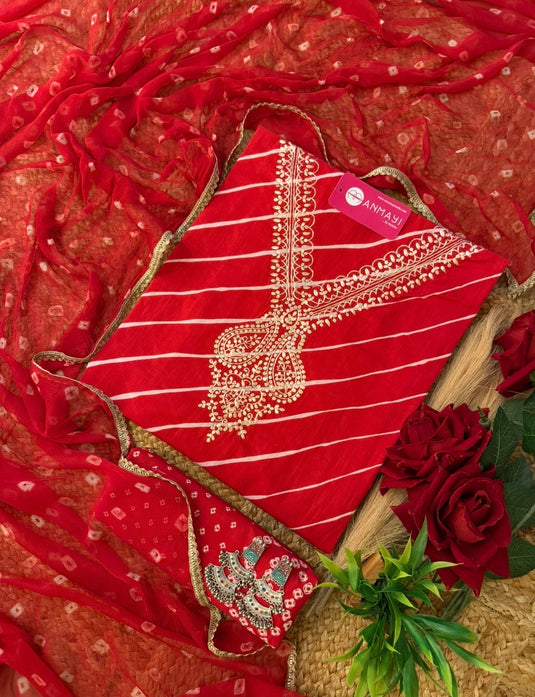 Lehria pure cotton suit set with pita neck and pure chiffon bandhani dupatta