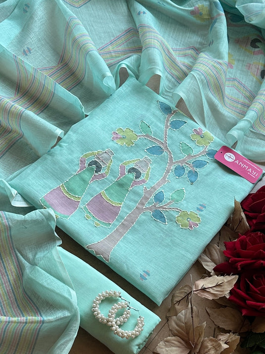 Village theme linen suits with Kantha work with cotton bottom