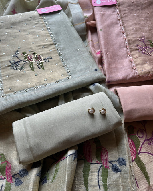 Parrot motif pastel jamdani suit set with cotton bottoms