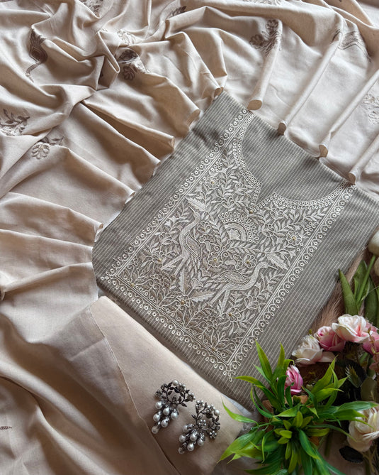 Handloom cotton Dori neck suit set