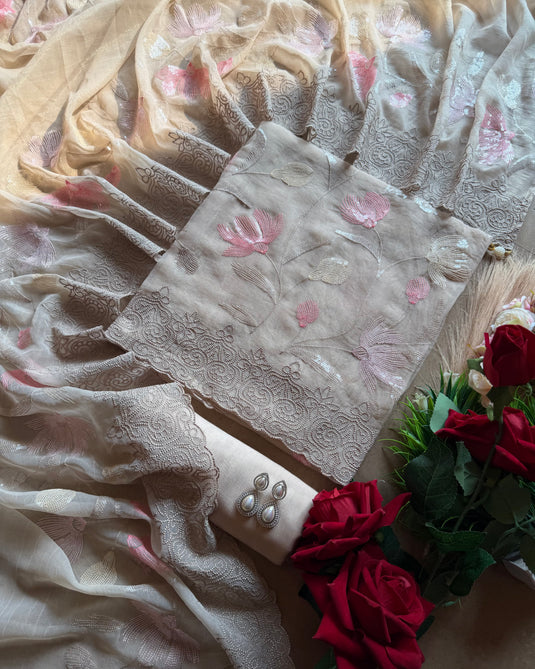 Soft sequins work organza shimmer suit set