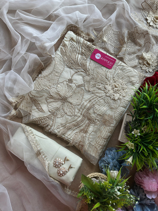 Crochet flowers patch work shimmer ivory suit set