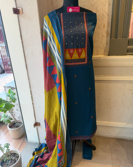 Abstract print highlights neck cotton suit set