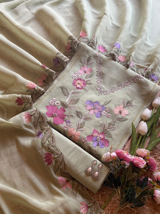 Embroidered panel pure mul cotton suit set