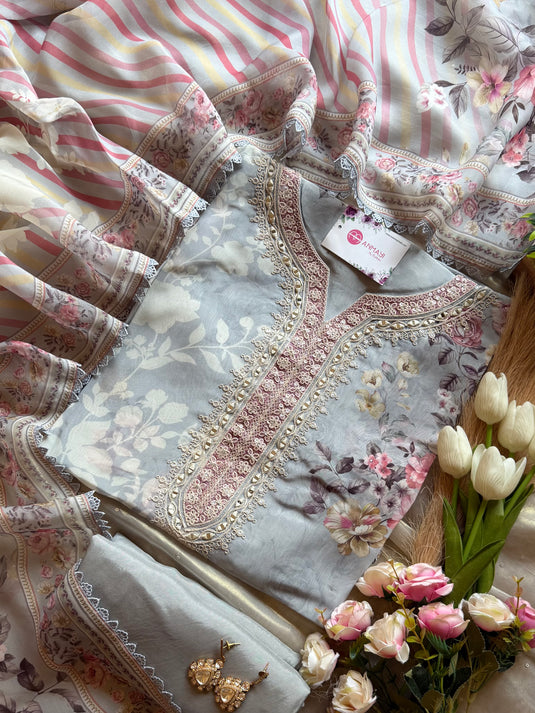 Pastel pure organza garden print suit set