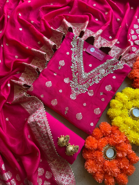 Dolla Silk Banarasi V neck suit set