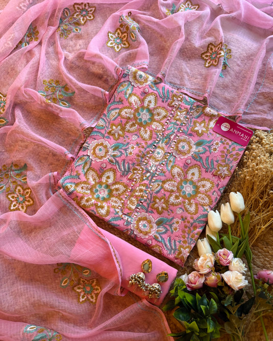 Printed flower Cambric cotton jaal with embroidered Kota dupatta