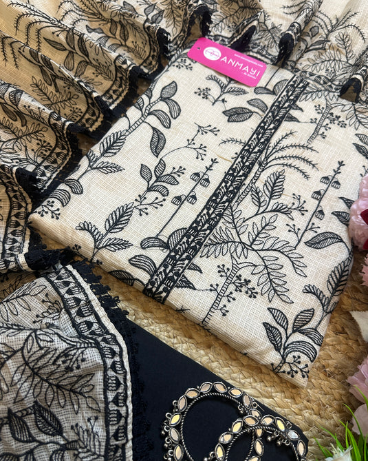 Kota Doria embroidered Jaal beige black suit