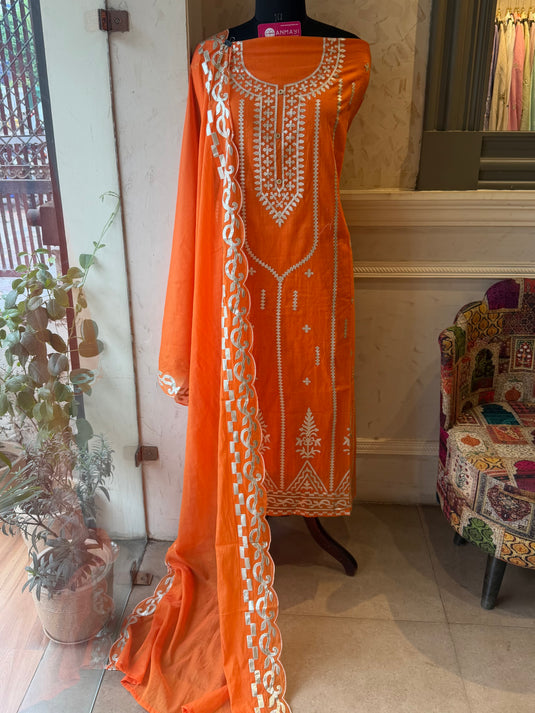 Leather patched patterned Mul Chanderi suit set