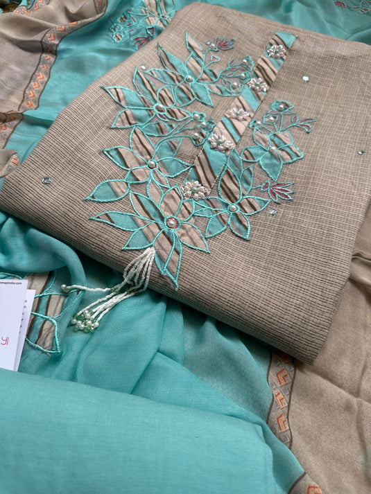 Appliqué pure kota doria suits with satin dupatta