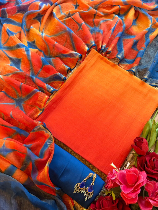 Ombré shaded pure mul chanderi suit with contrast bottom and Shibori dyed dupatta