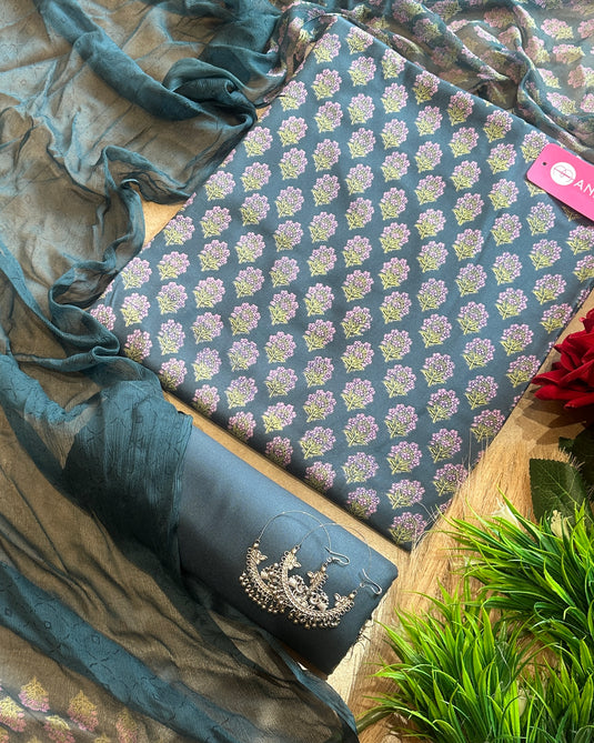 Block print pure spun suits with pure chiffon dupatta