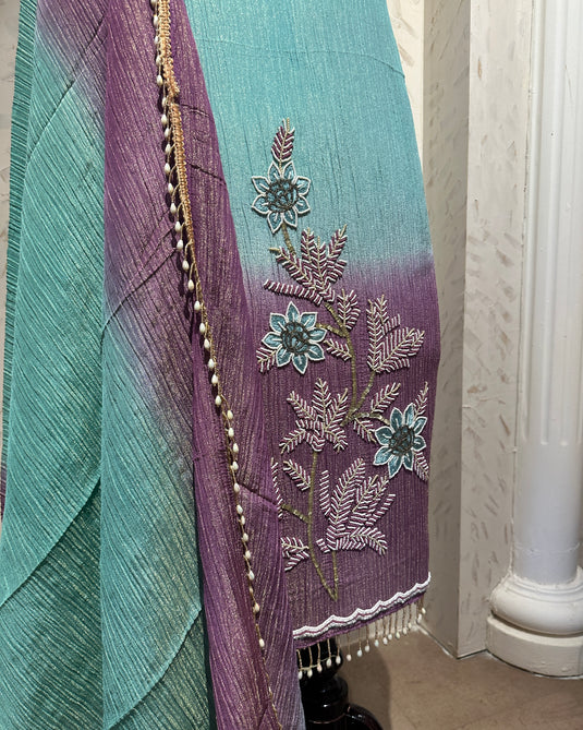 Crushed tissue ombré effect pearl embroidered suit set with tassel lace