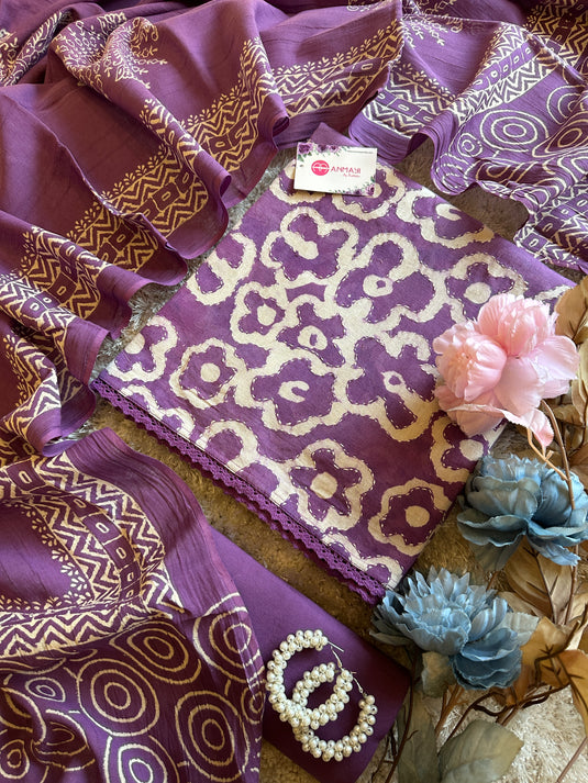 Batik abstract print cotton suit with Kantha work