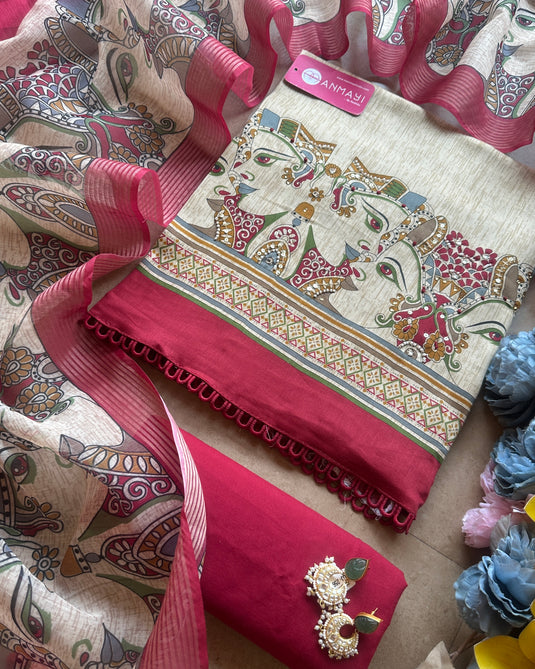 Doll figured red and beige cambric cotton suit set