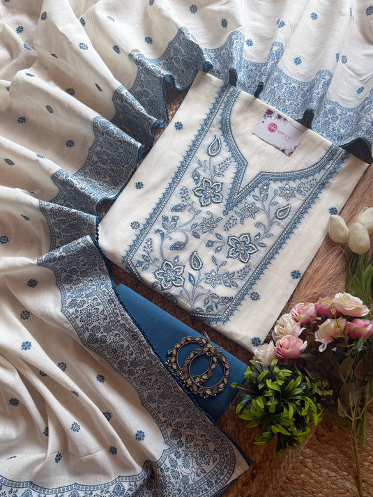 Cotton weave pearl highlight indigo cream suit set