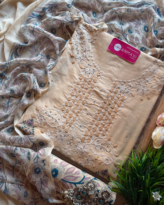 Pure Cotton block print beige Lucknawi work suit with chiffon dupatta