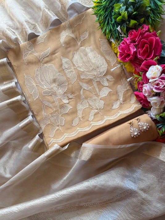 Patched gold Mul Chanderi suit set with tissue dupatta