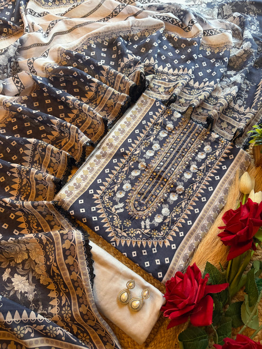 Indigo Bandhani print pure muslin suit set