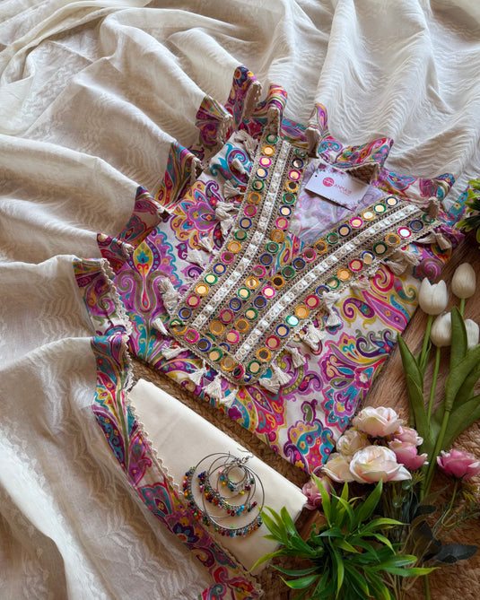Arabic print mirror neck cotton suit set with cotton dupatta