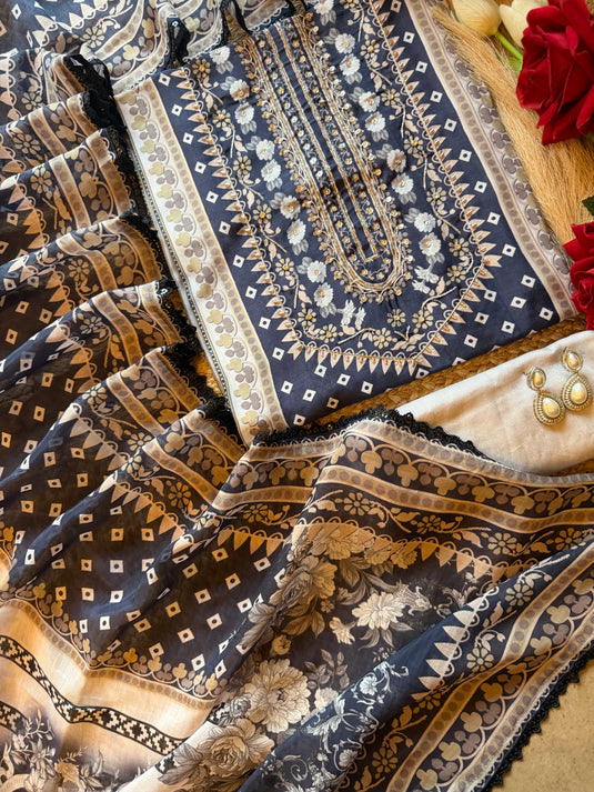 Indigo Bandhani print pure muslin suit set