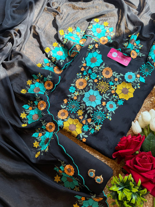 Georgette floral garden embroidered black suit set