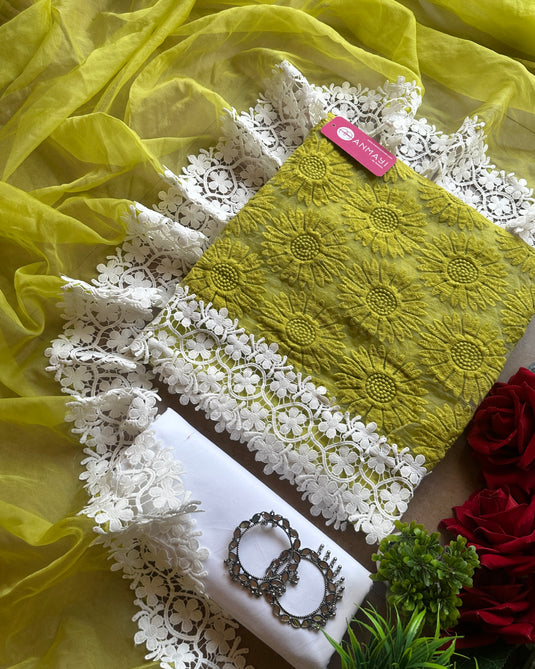 Sunflower organza suit set with crochet lace work