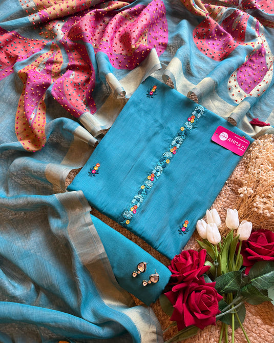 Jamdani Maheshwari mirror work suit set with knot work dupatta