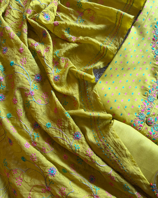 Neon soft handloom cotton suits with embroidered cotton silk dupatta