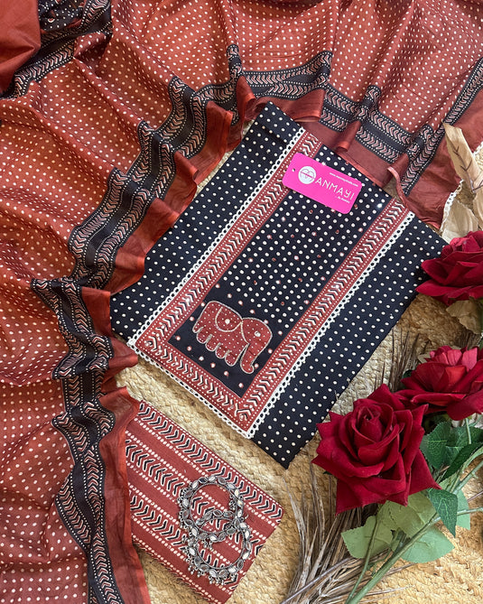 Jaam cotton polka dots combination print suit with elephant motif