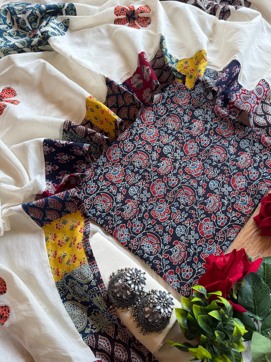 Patched cotton dupatta with ajrakh cotton suit set