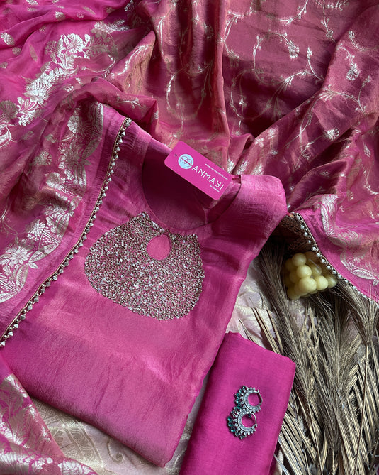 Sequins neck pure tissue silk suit with Banarasi dupatta