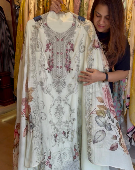 Pakistani Mul Chanderi digital dupatta suit set