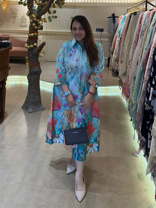 Cotton linen digital print one piece dress