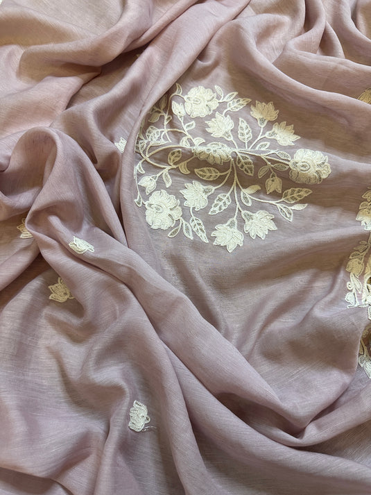 Pure linen Dori parsi work pastel pink suit with crochet hangings