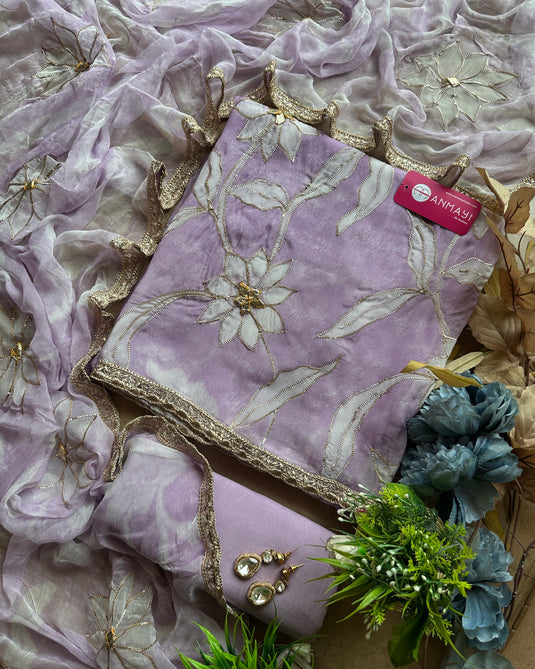 Soft pastel organza suits with gotta outline details and chiffon dupatta
