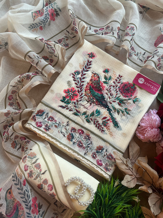 Kota Banarasi ivory bird pattern suit sets
