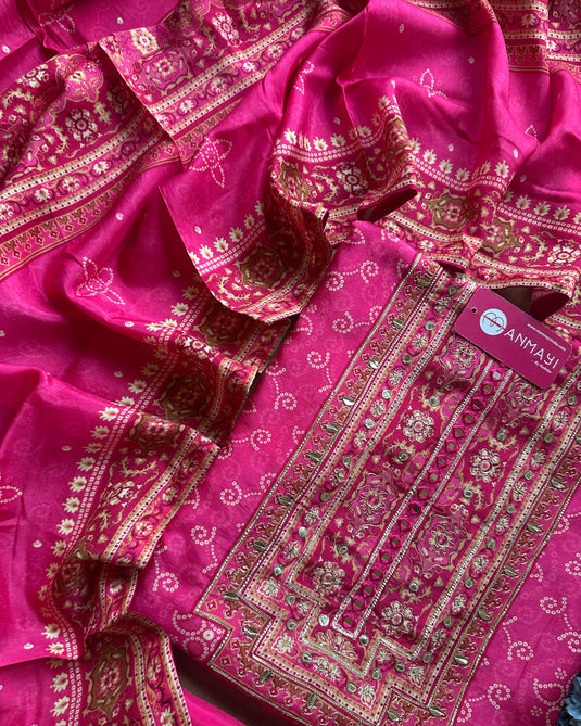 Jodhpuri mirror neck printed Bandhani raw silk suit set