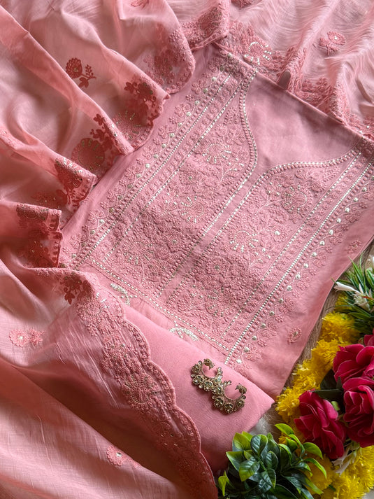 Panel pita work embroidered Mul Chanderi suit set