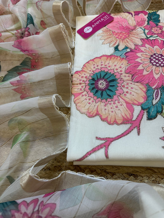 Slub cotton digital patch ivory suit with soft organza dupatta