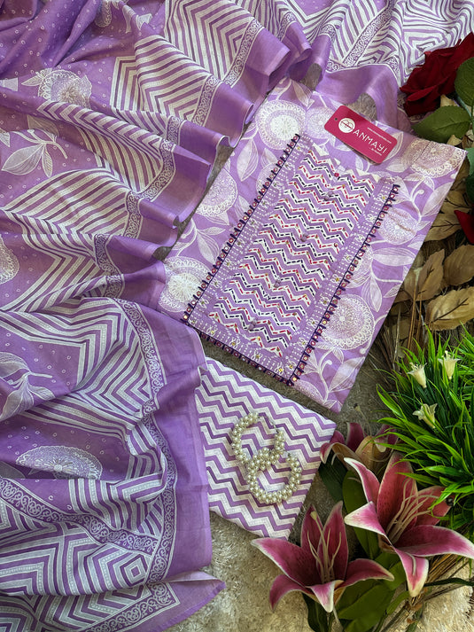 Lilac floral print pure cotton suit with mul dupatta