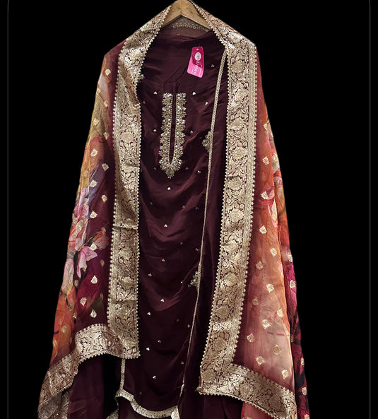 Pure Georgette mirror work maroon suit with Banarasi dupatta