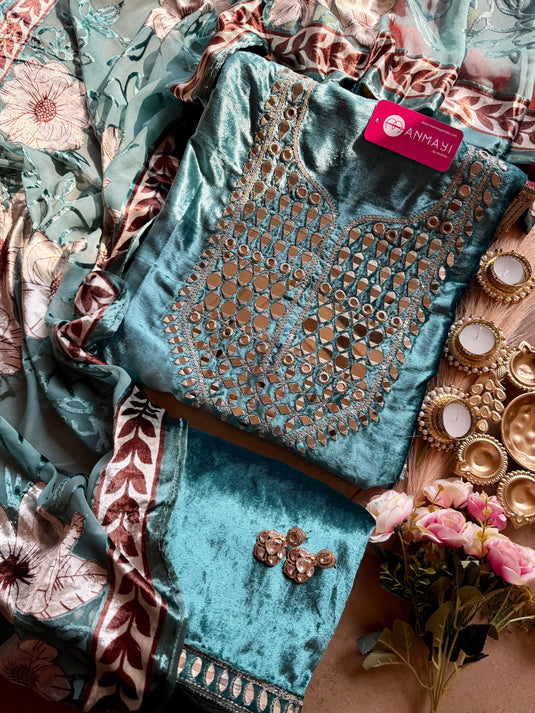 Mirror work micro velvet suit set