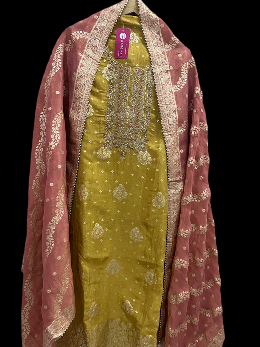 Combination tissue Banarasi suit with zari neck