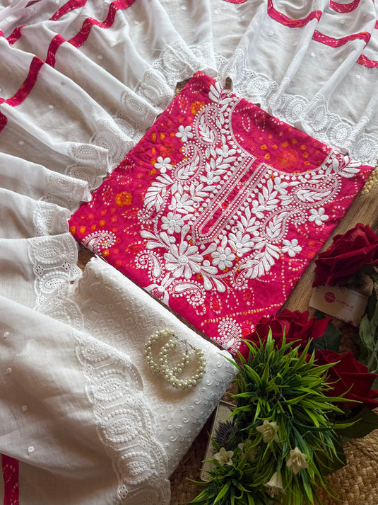 Bandhani print chikan neck pure cotton suit set