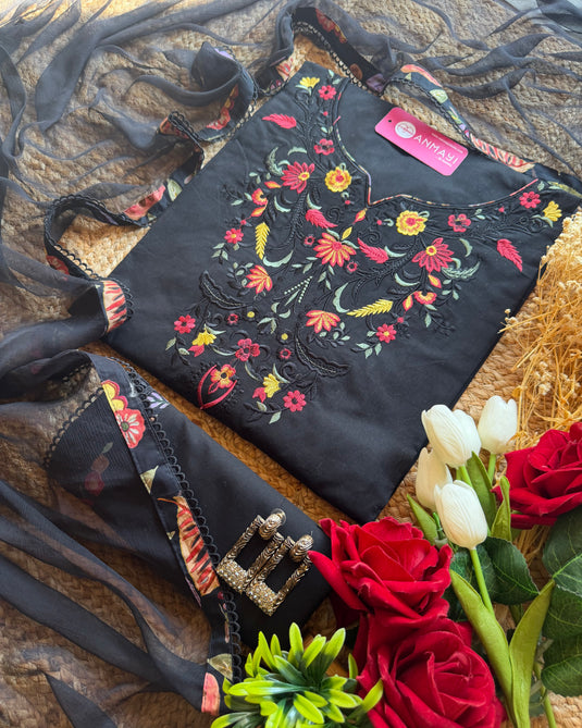 Machine embroidered pure cotton suit set with chiffon dupatta