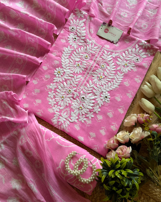 Phulkari Mirror Neck printed Cambric cotton suit set