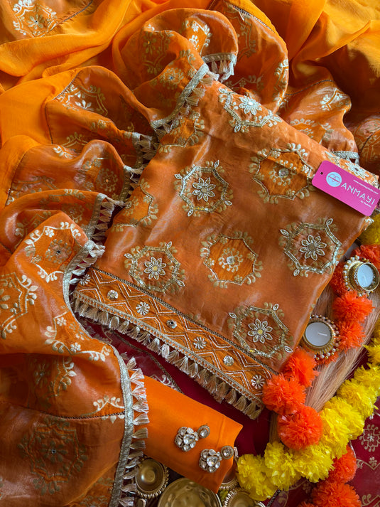 Brocade patch pure tissue suit set with georgette dupatta