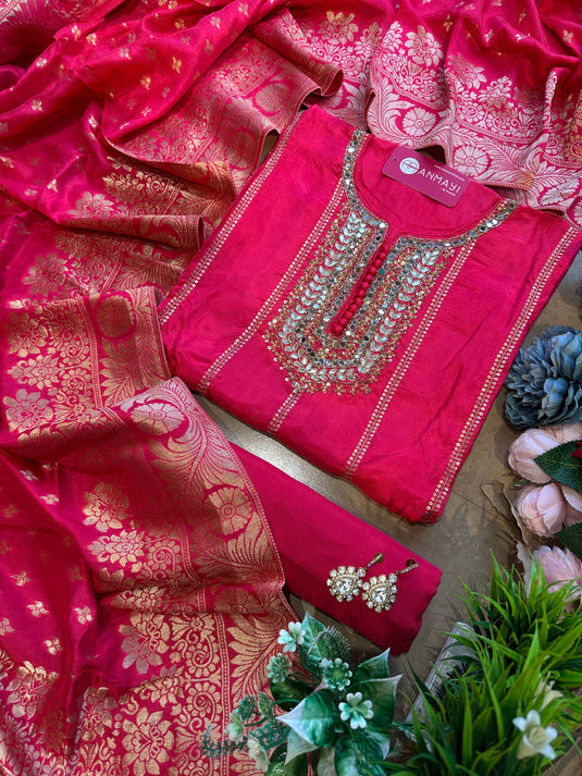 Upada silk gotta mirror work suit set with banarasi silk dupatta