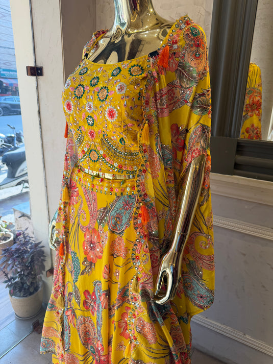 Yellow 3 pcs Haldi dress with embroidered choli, skirt and drape